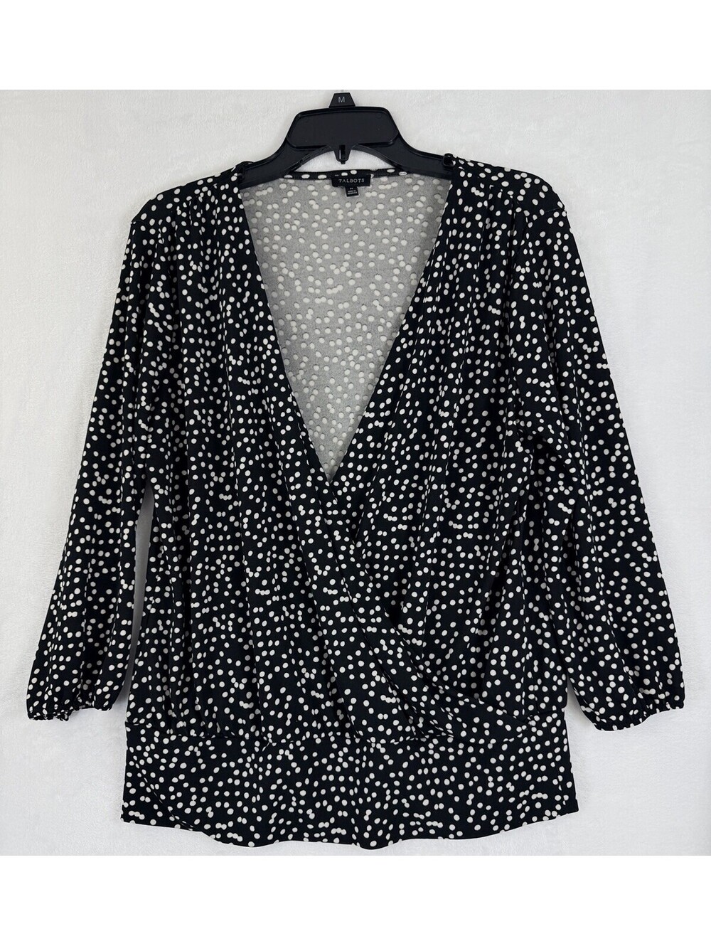Talbots Top Medium Black White Polka Dot Surplice Blouse Long Sleeve Womens Wrap